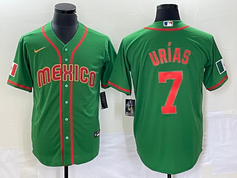 Men's Mexico Baseball #7 Julio Urías 2023 Green World Baseball With Patch Classic Stitched Jersey